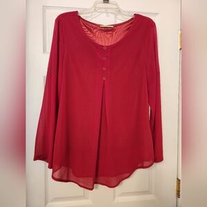 Ladies red top by Cestyle, size M, long or 3/4 sleeves, sheer over satin bodice